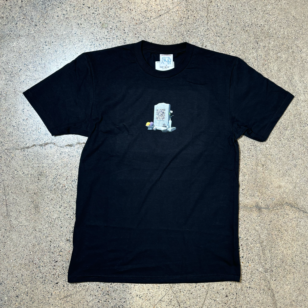 Front image of black tee. Tomstone art printed on chest with QR code. 