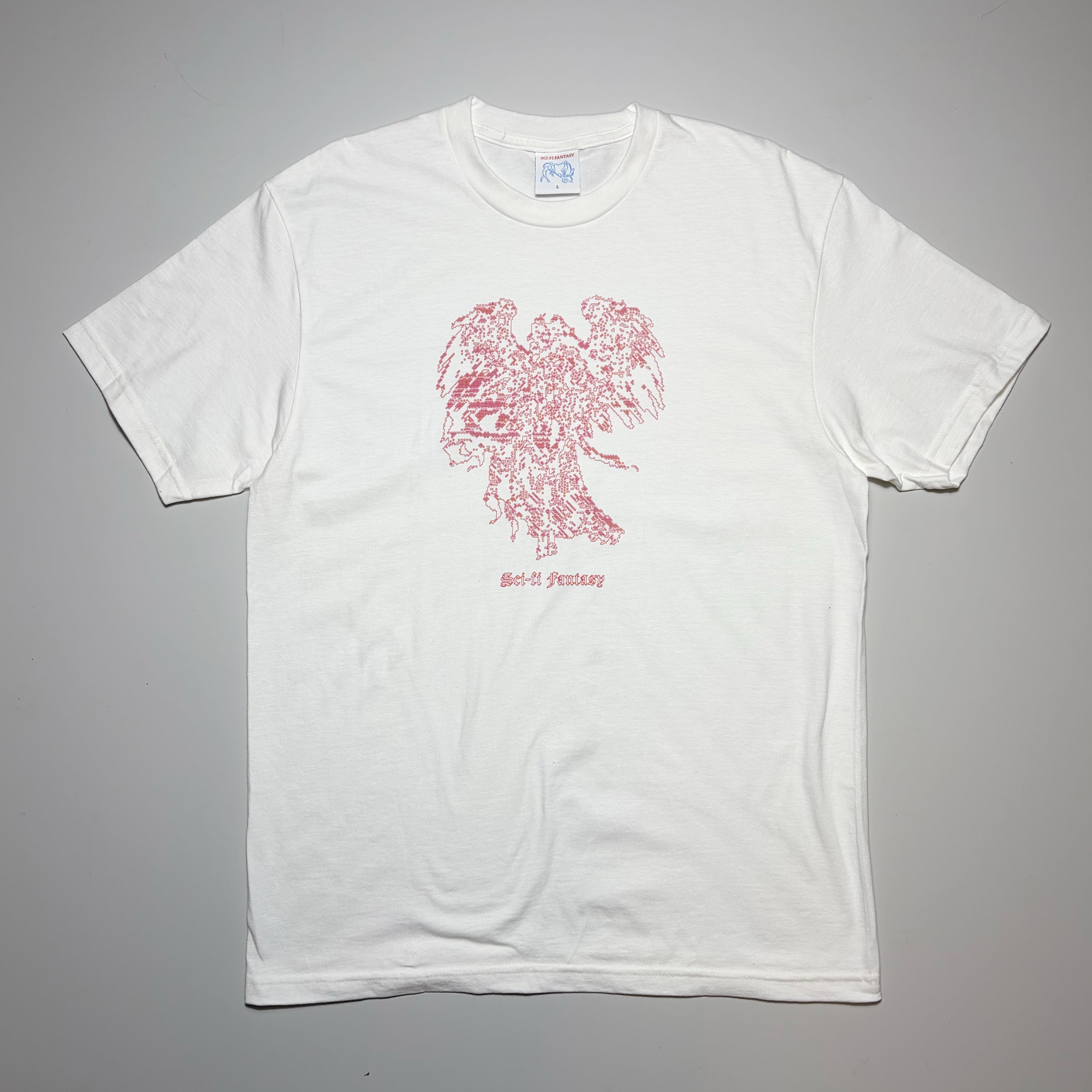 Front image of white tee with red printed angel on chest.