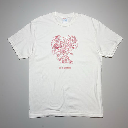 Front image of white tee with red printed angel on chest.