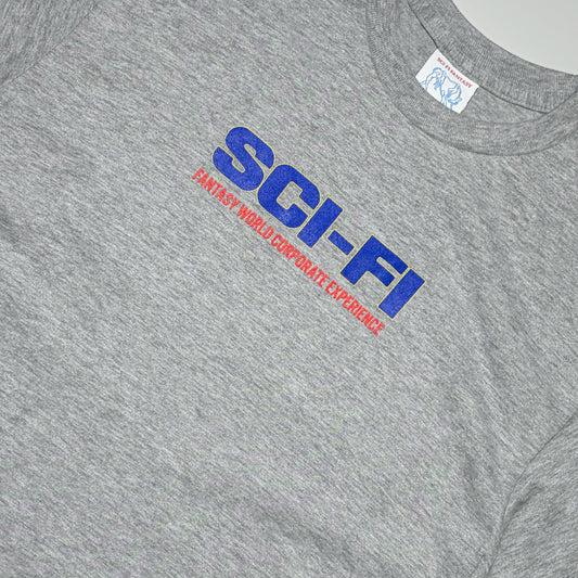 Close detail of Sci-Fi printed text in blue with red text underneath.