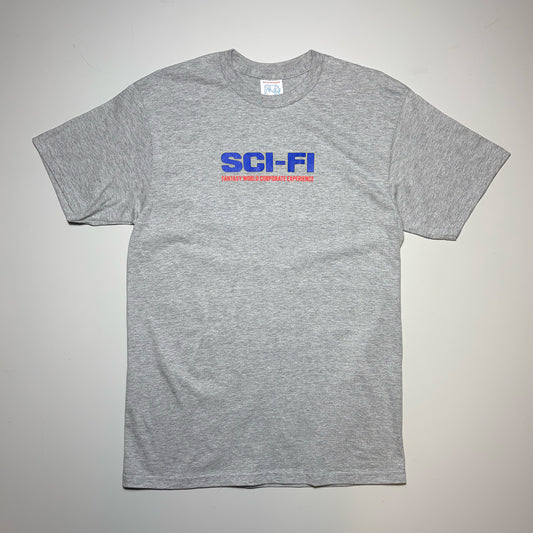 Front image of heather grey tee with blue text printed art on chest.