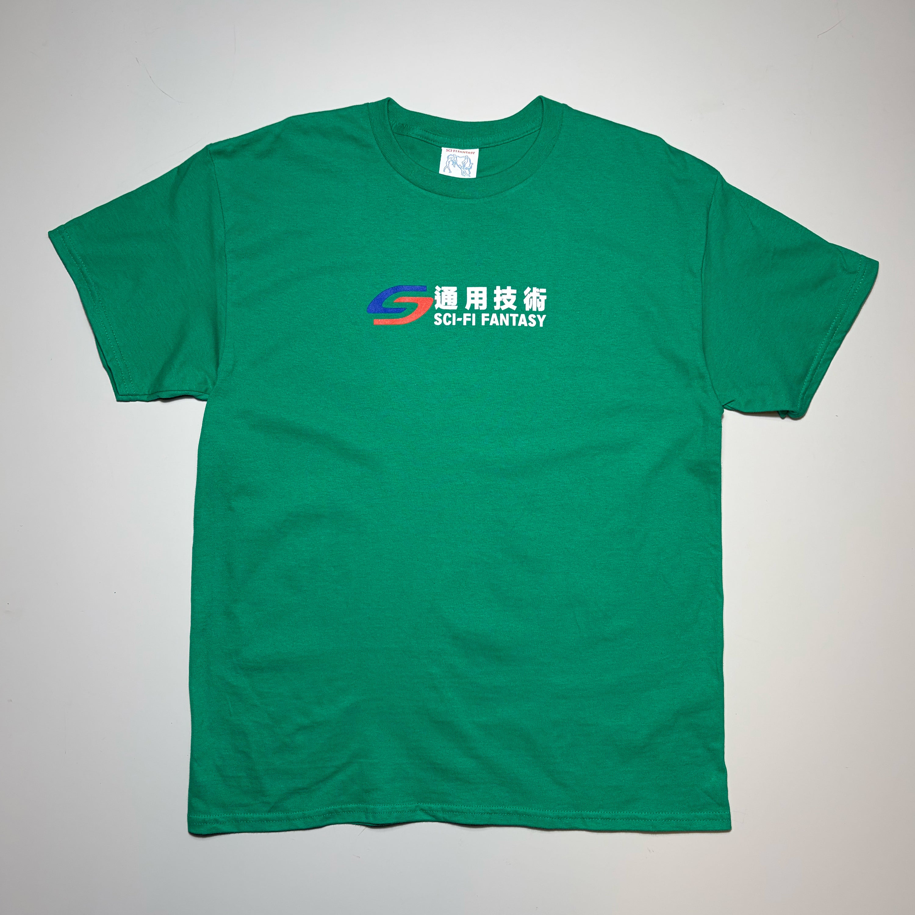 Front image of green tee with art printed on chest in white.