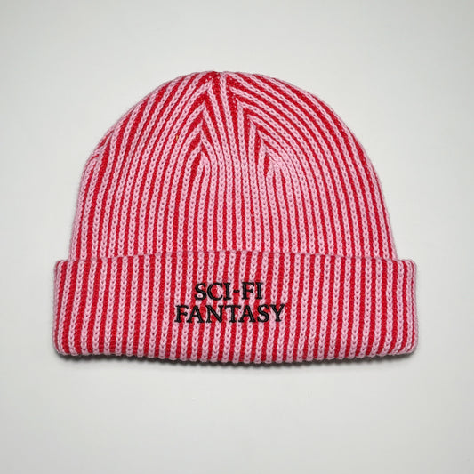 Full image of pink/red vertical striped beanie with sci-fi fantasy embroidered logo.