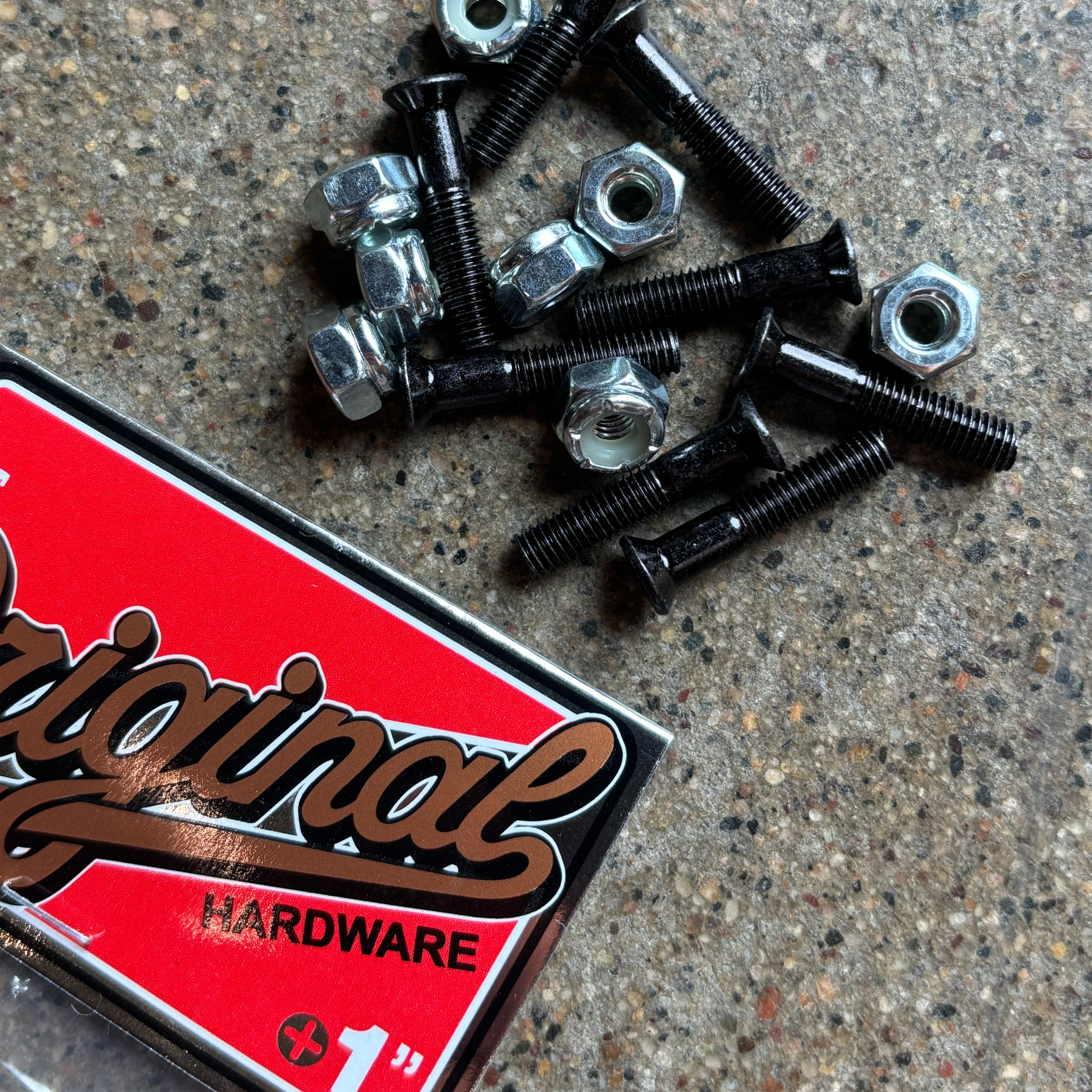 Close detail of black hardware and nuts.