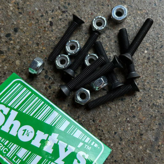 Close detail of black bolts and nuts.