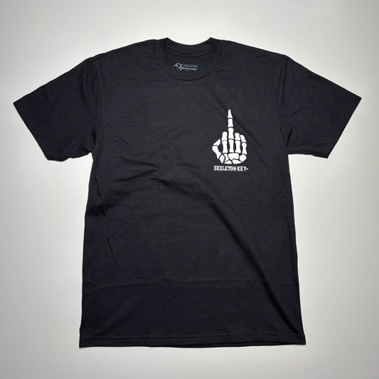 Full image of black tee with white printed art on chest.