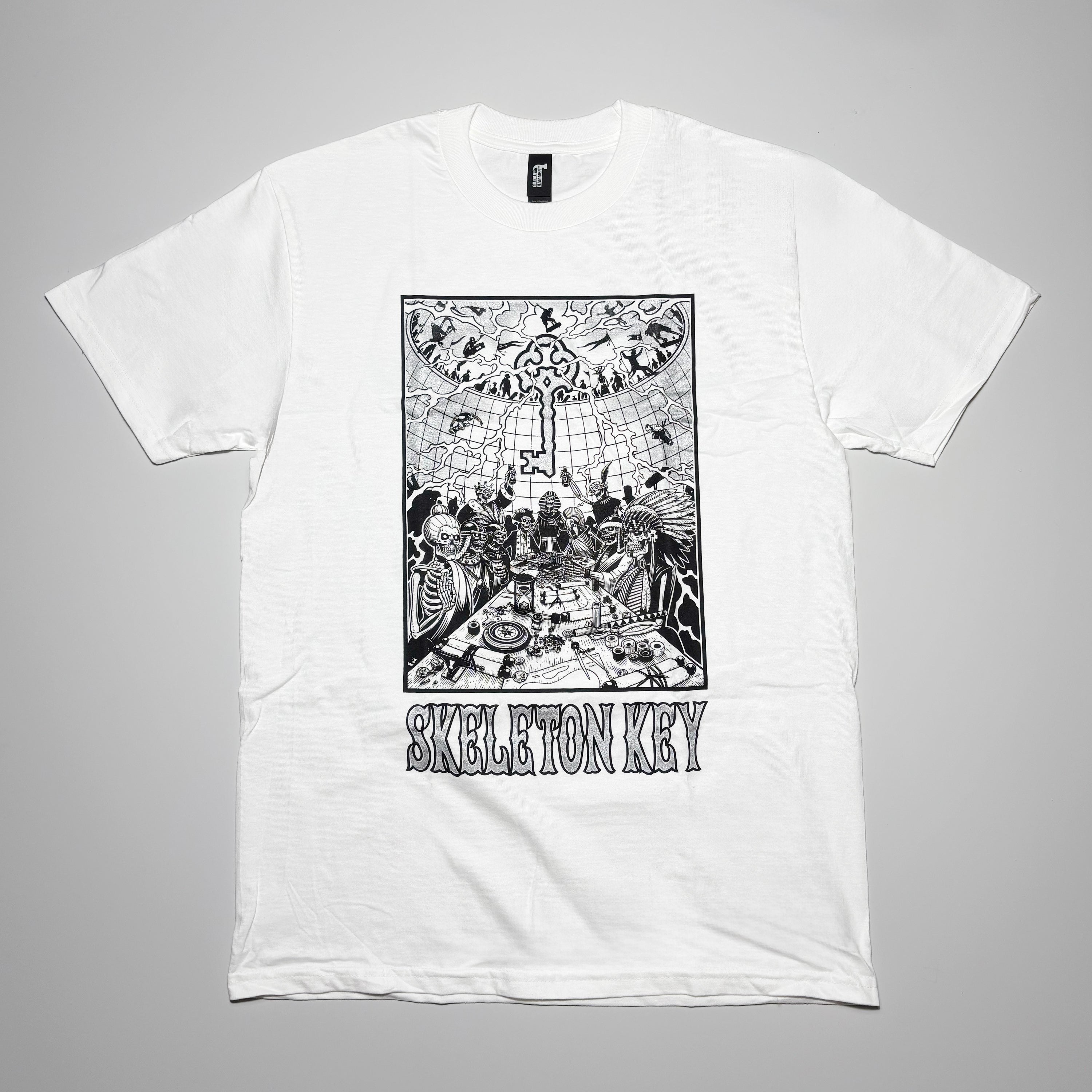 Full image of white tee with black printed art on chest.