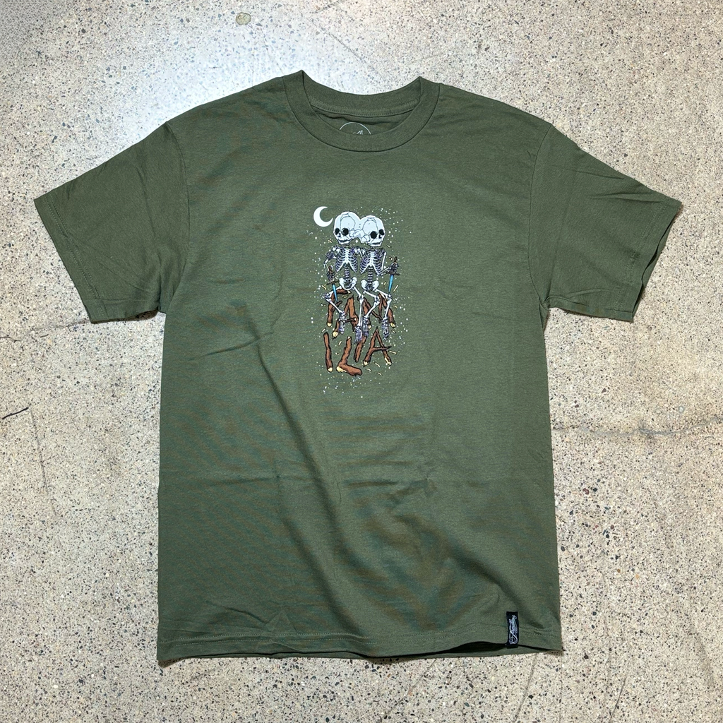 Full image of military green tee with printed art of skeletons on front.