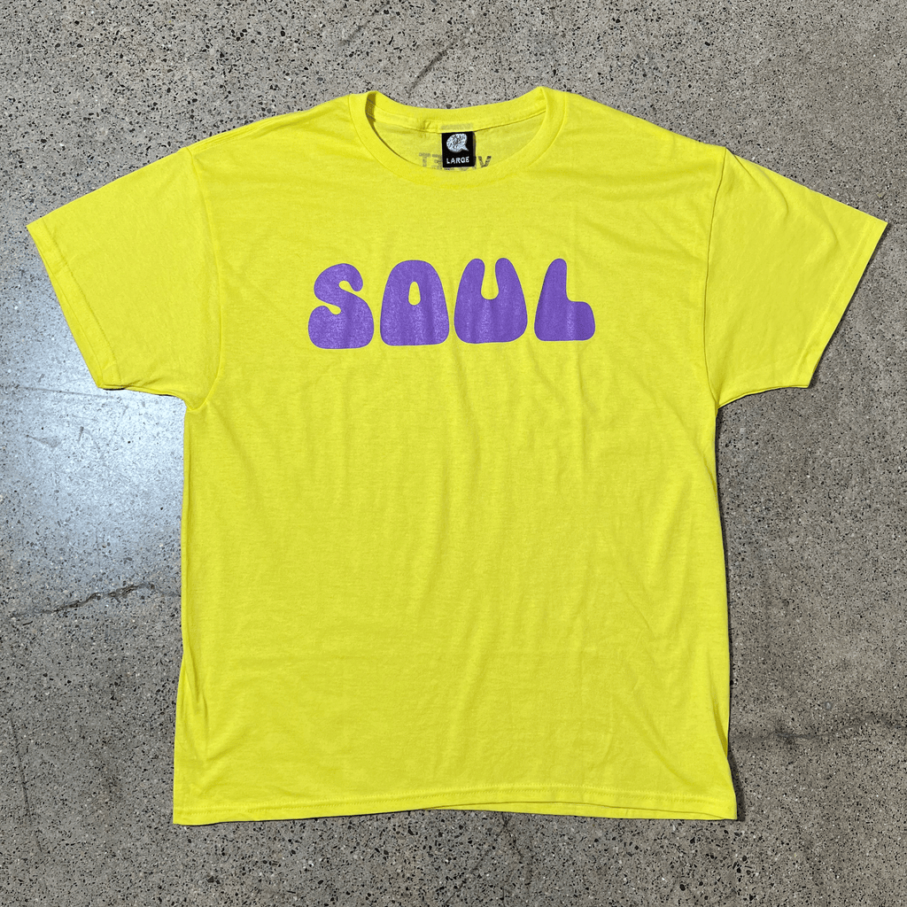 YELLOW TSHIRT WITH PURPLE SOUL LOGO ON CHEST