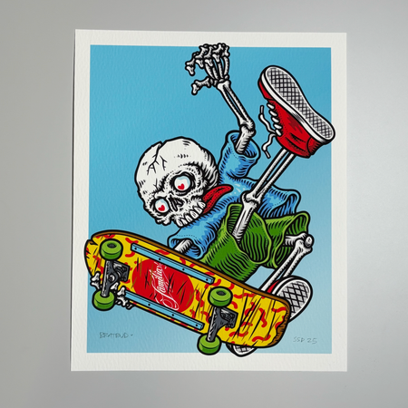 Full image of 8 x 10 print.
Skateboarding skeleton artwork.