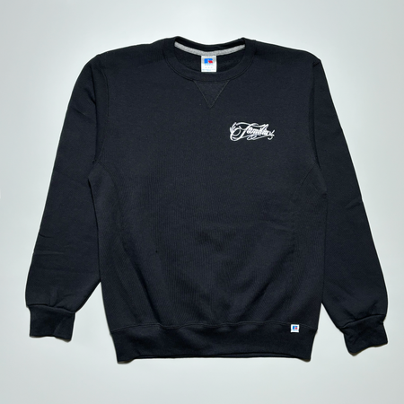 Front image of black crew sweatshirt.
White printed art on left chest.