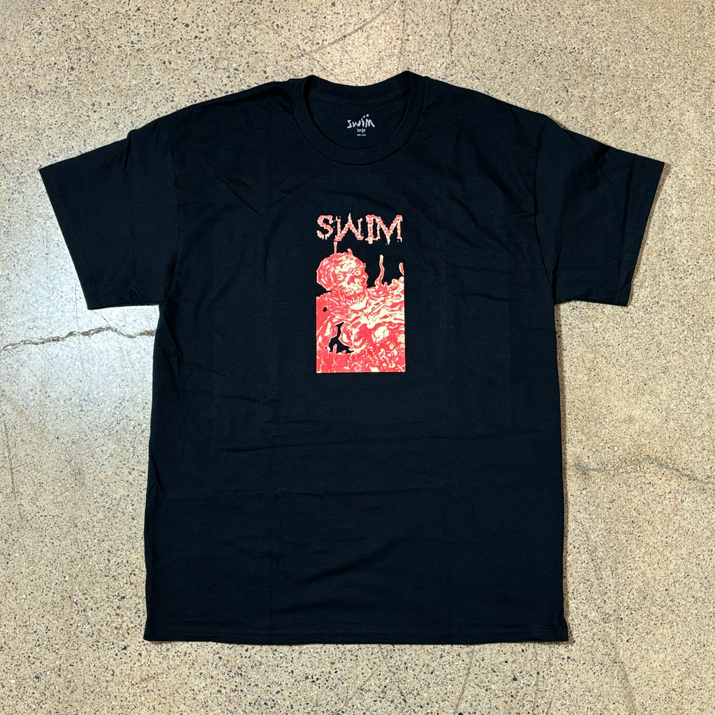 FRONT IMAGE OF SWIM CORPSE TEE.
SKELETON ART ON BLACK TEE