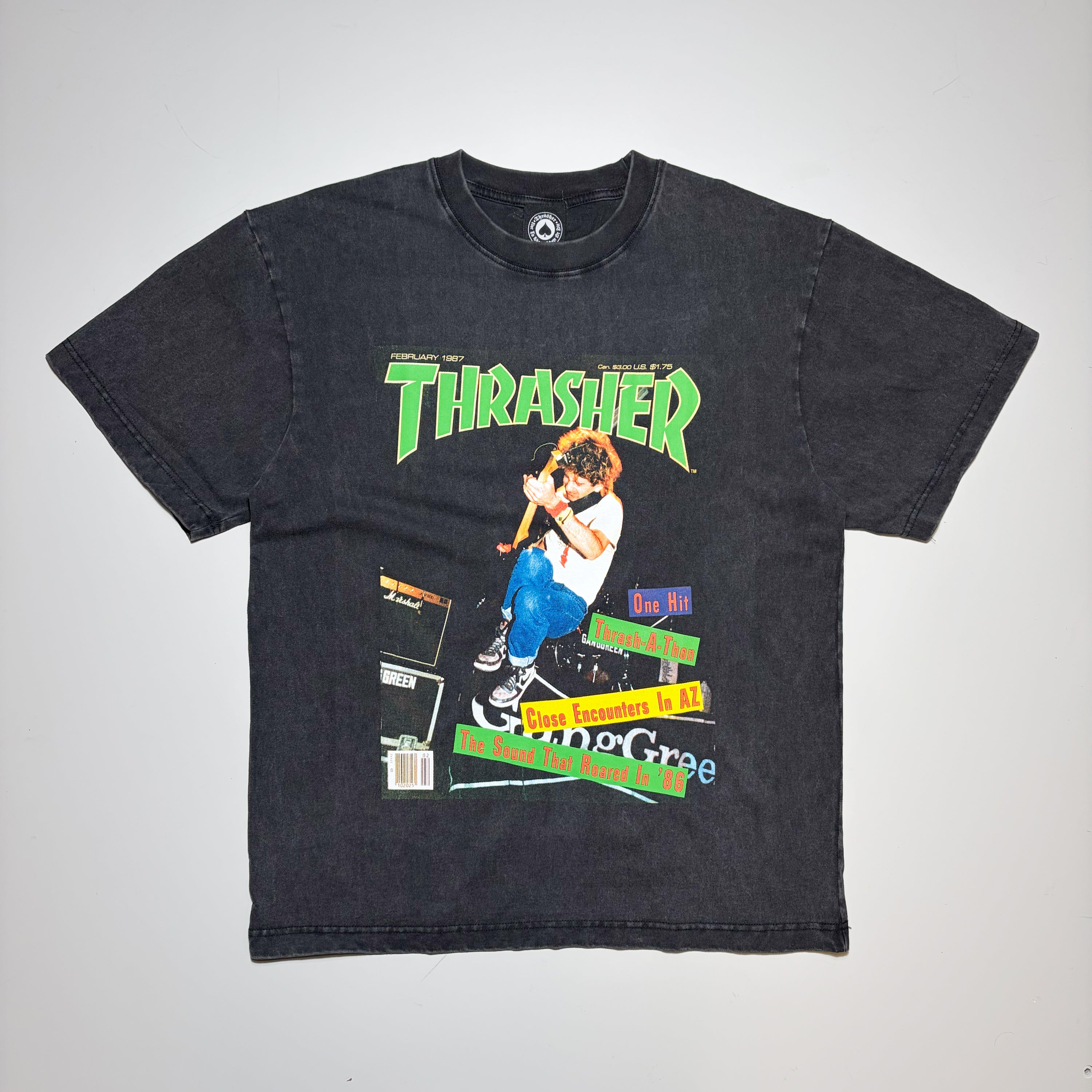 Full front image, vintage black Thrasher Magazine with art printed on chest.