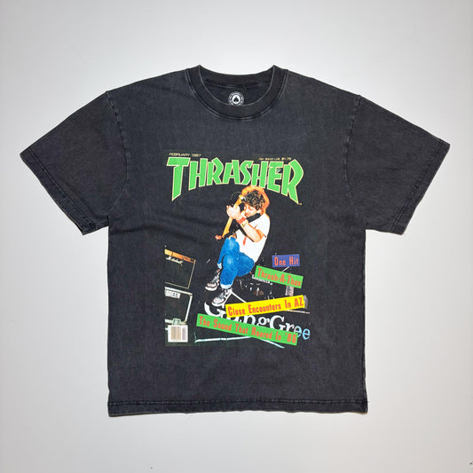 Full front image, vintage black Thrasher Magazine with art printed on chest.