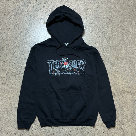 Full front image of black hoodie.
Thrasher logo with rat cartoon art printed on chest.