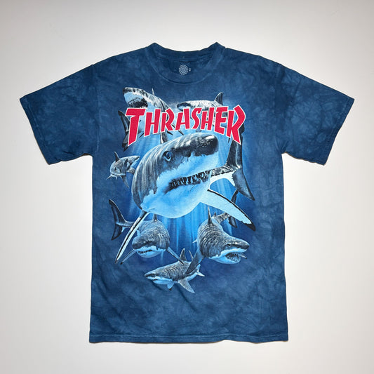 Full front image, Hand dyed blue Thrasher Magazine t-shirt with sharks printed on chest.