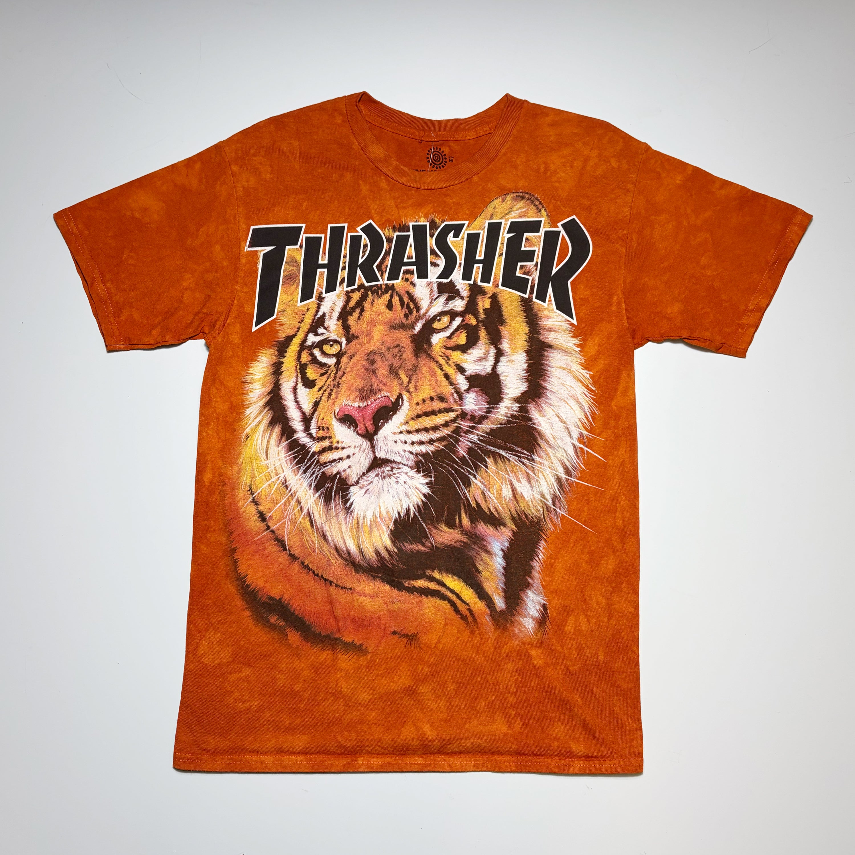 Full front image, Hand dyed orange Thrasher Magazine t-shirt with tiger printed on front. 