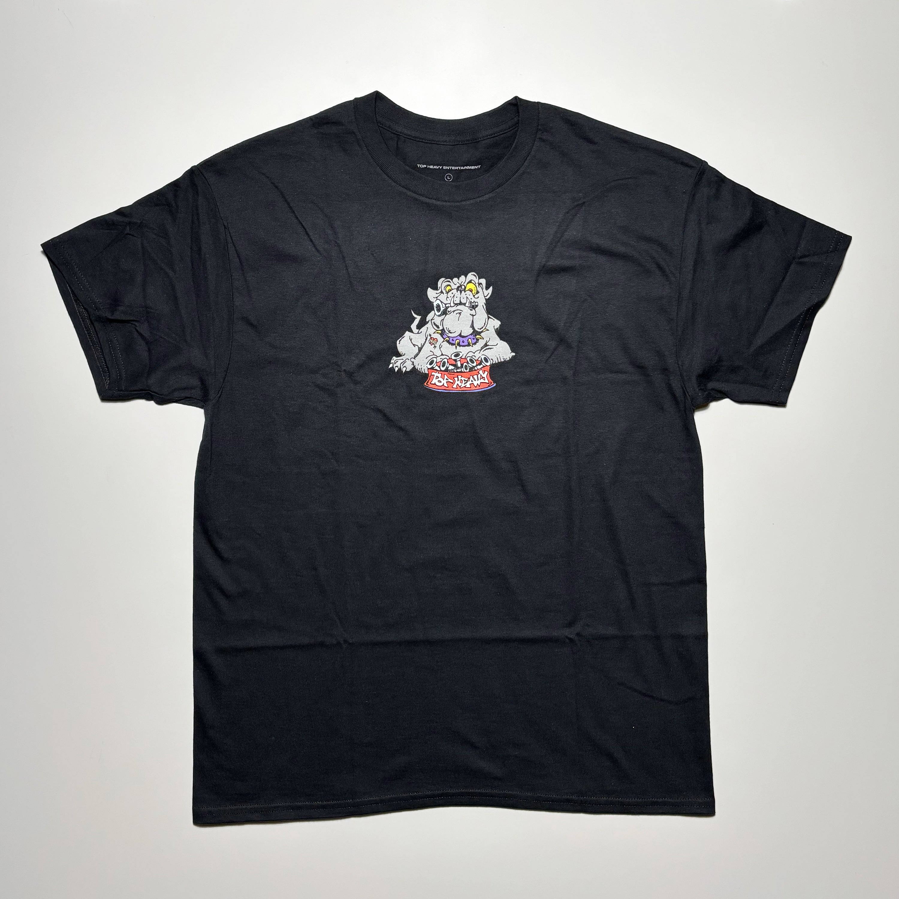 Front image of lack tee with art on chest.