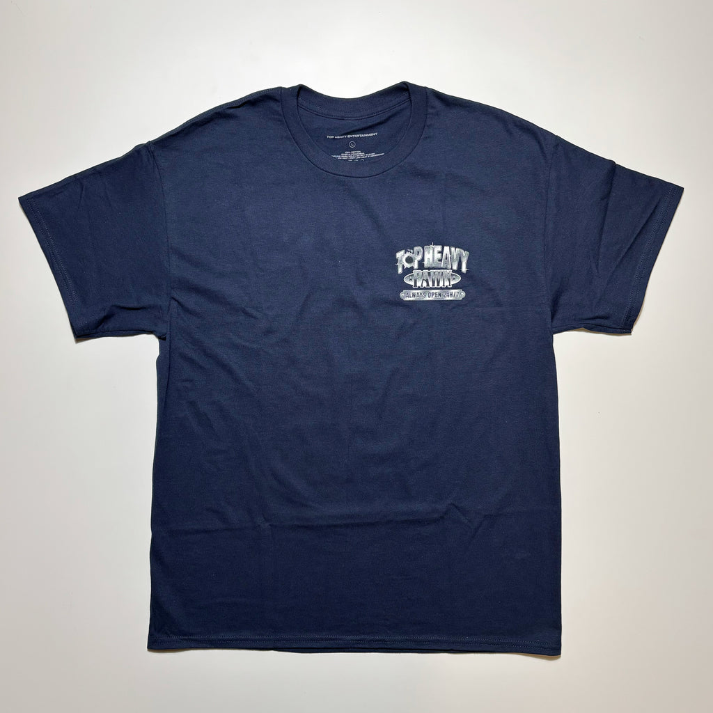 Front image of navy tee with art printed on chest.