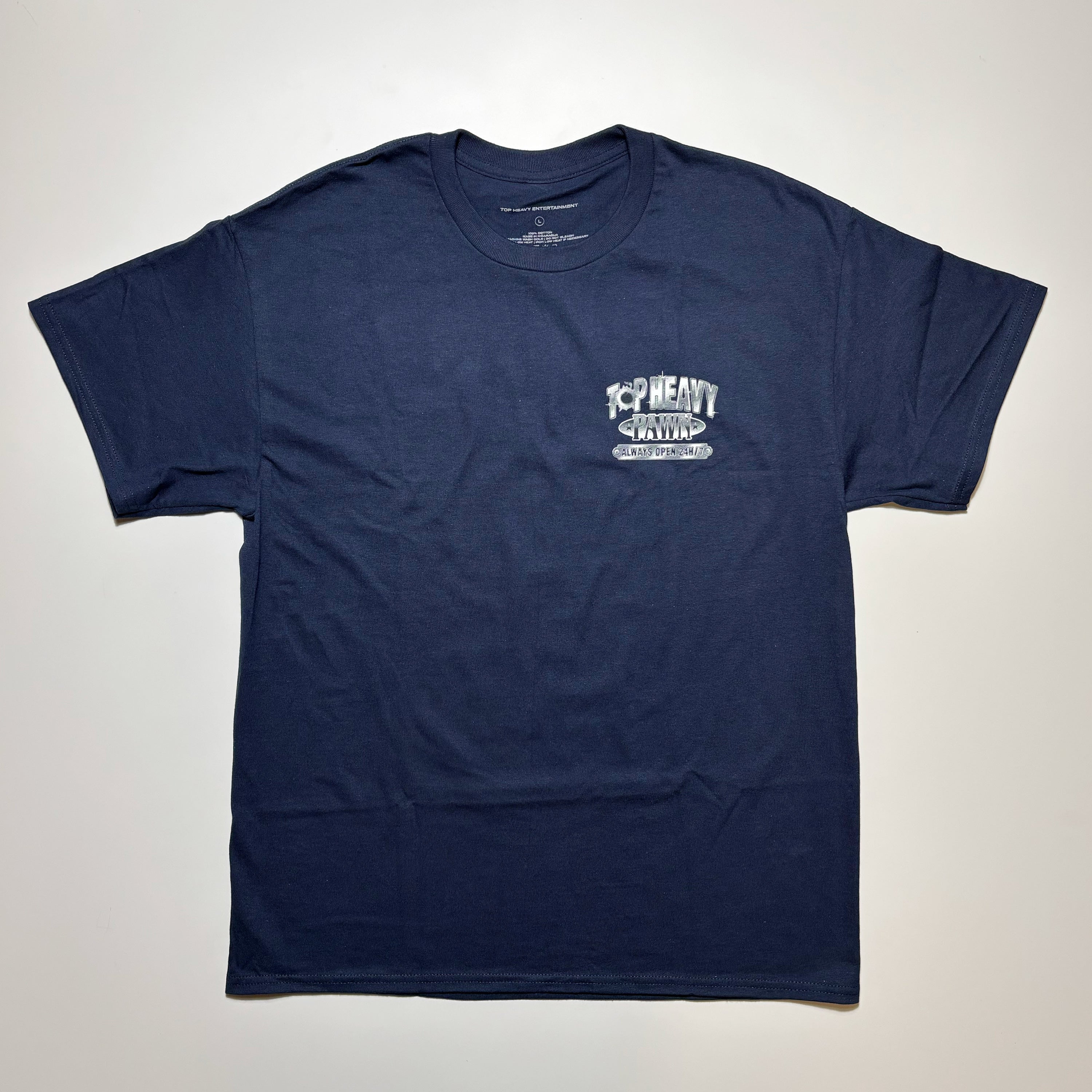 Front image of navy tee with art printed on chest.
