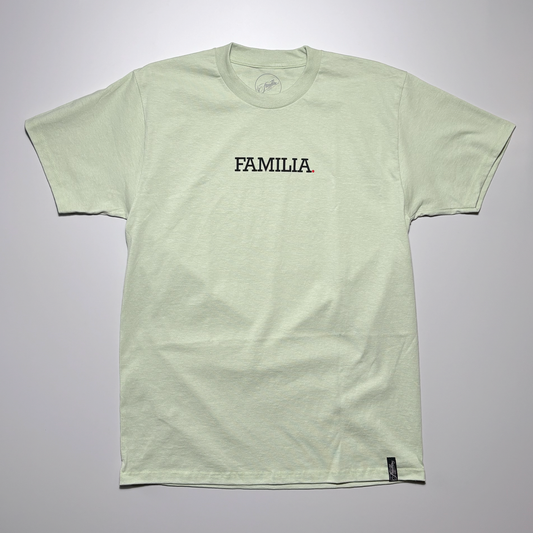 Front of cucumber green tee with black printed art on chest.