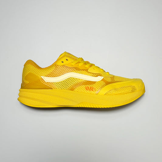 Right side image, Vans AVE Rapid LX Shoes by Atiba Jefferson. Gold yellow outsole with tonal upper and 3M reflective stripe on gray background.