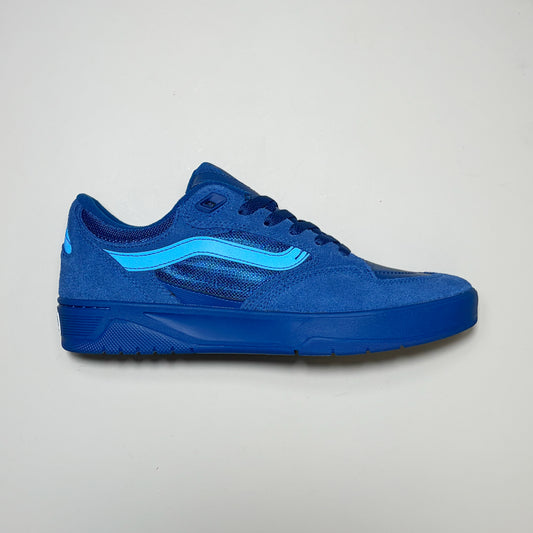 Right side image, Vans Skate R3 Rowan Zorilla shoes by Atiba Jefferson. 
Blue outsole with tonal blue upper and 3M reflective stripe. 