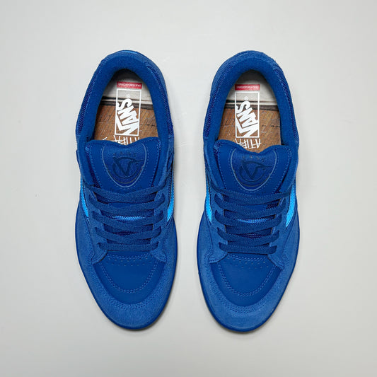 A pair of blue Vans Skate Rowan Zorilla Z3 sneakers shown from a top-down view on a light gray background. Color by Atiba Jefferson Collection. 