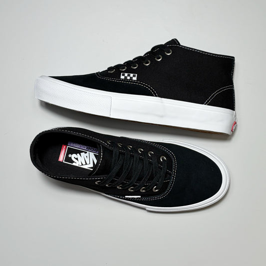 A pair of Vans Skate Authentic Mid sneakers shown on a light gray background, one from the side and one from the top.