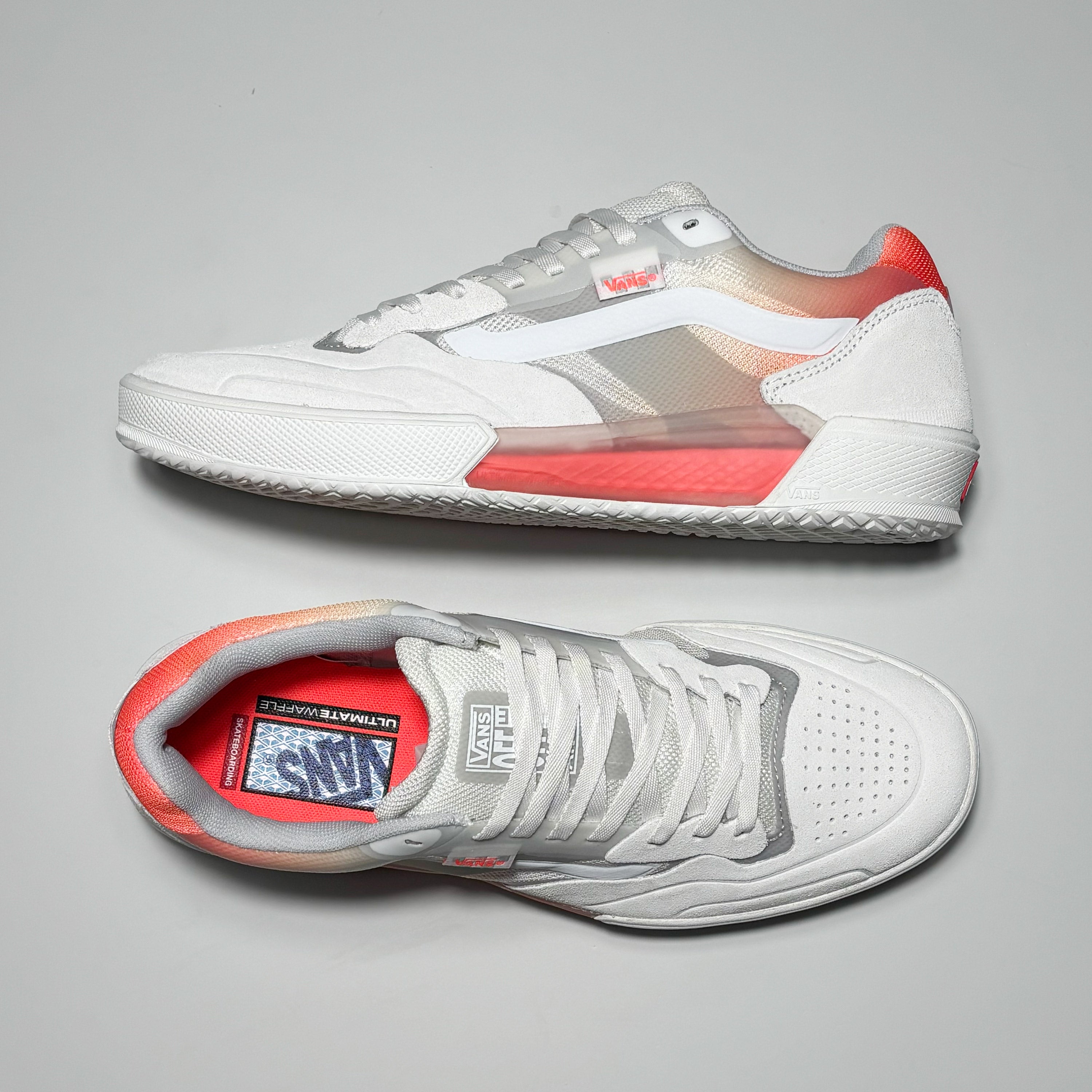 Toe down view with side profile.
Vans OTW label on tongue.