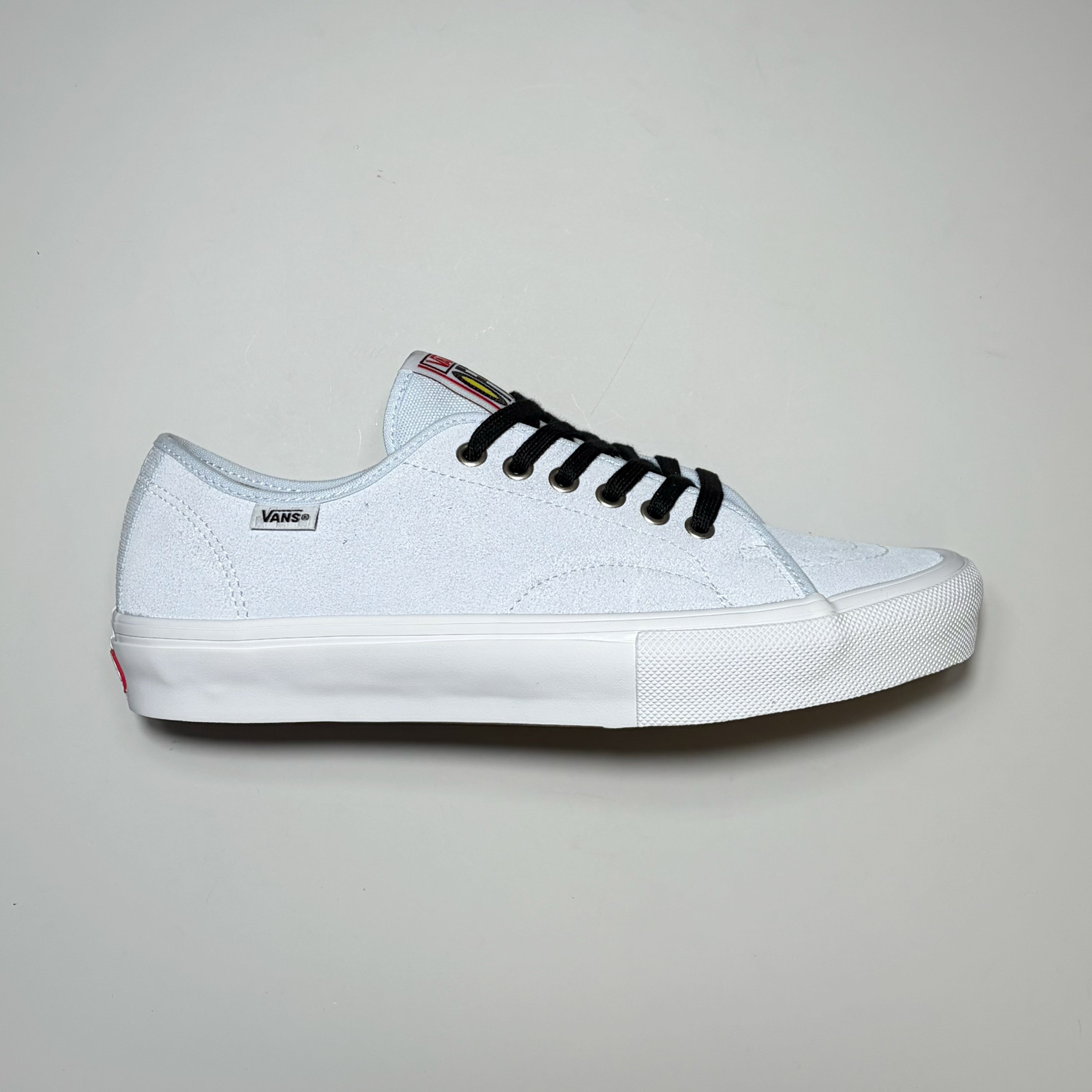Right side image, Vans AVE Classic shoes in sky blue suede. Black laces with white outsole.