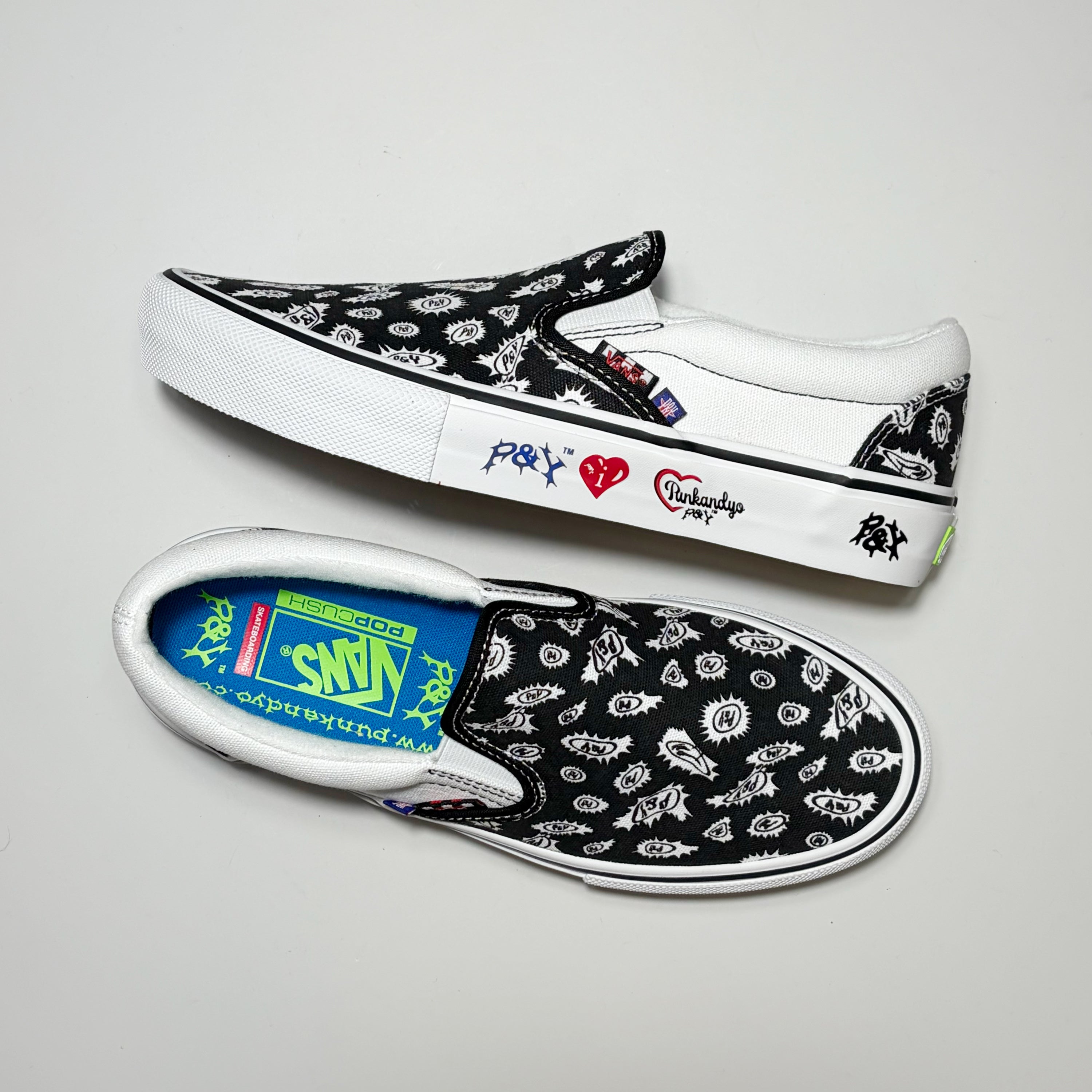 Pair of Vans Skate Slip On by Punk and Yo. Custom PopCUSH™ sock liner and paisley style artwork on top of shoes.