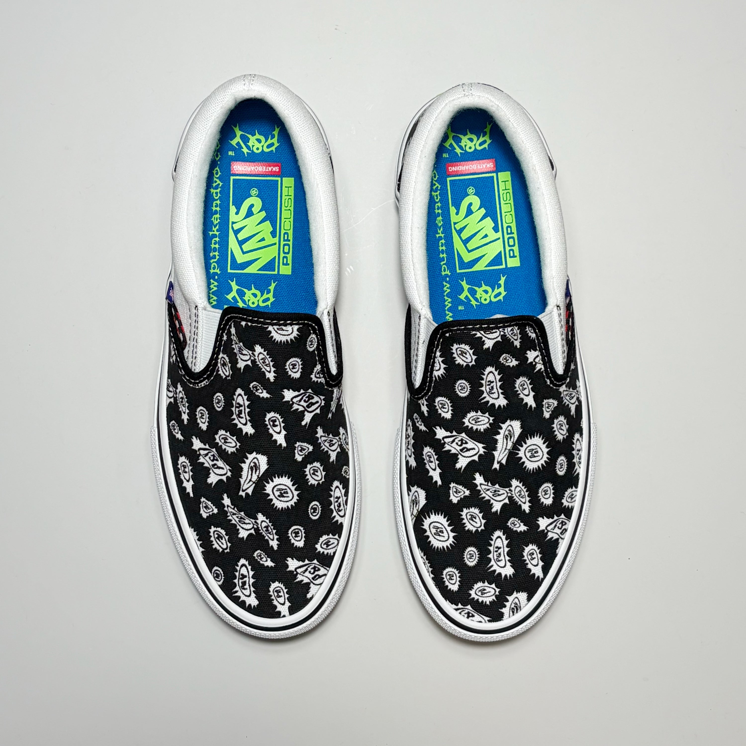 Toe down view of Vans Skate Slip On by Punk and Yo on a white background