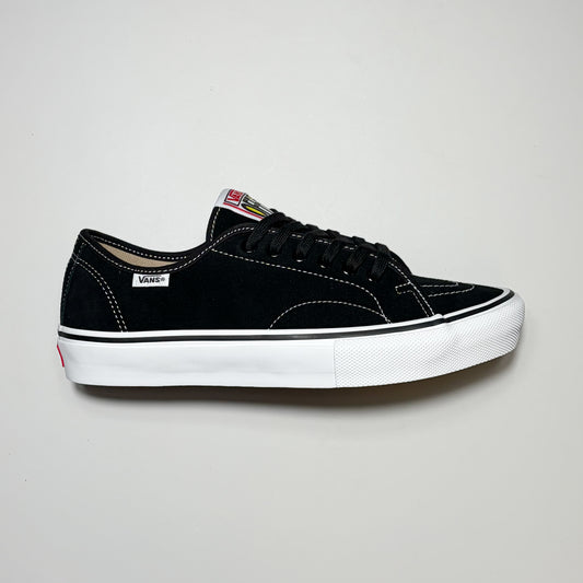 Right side image, Vans Skate AVE Classic shoe in black suede with white contrast stitching and outsole.