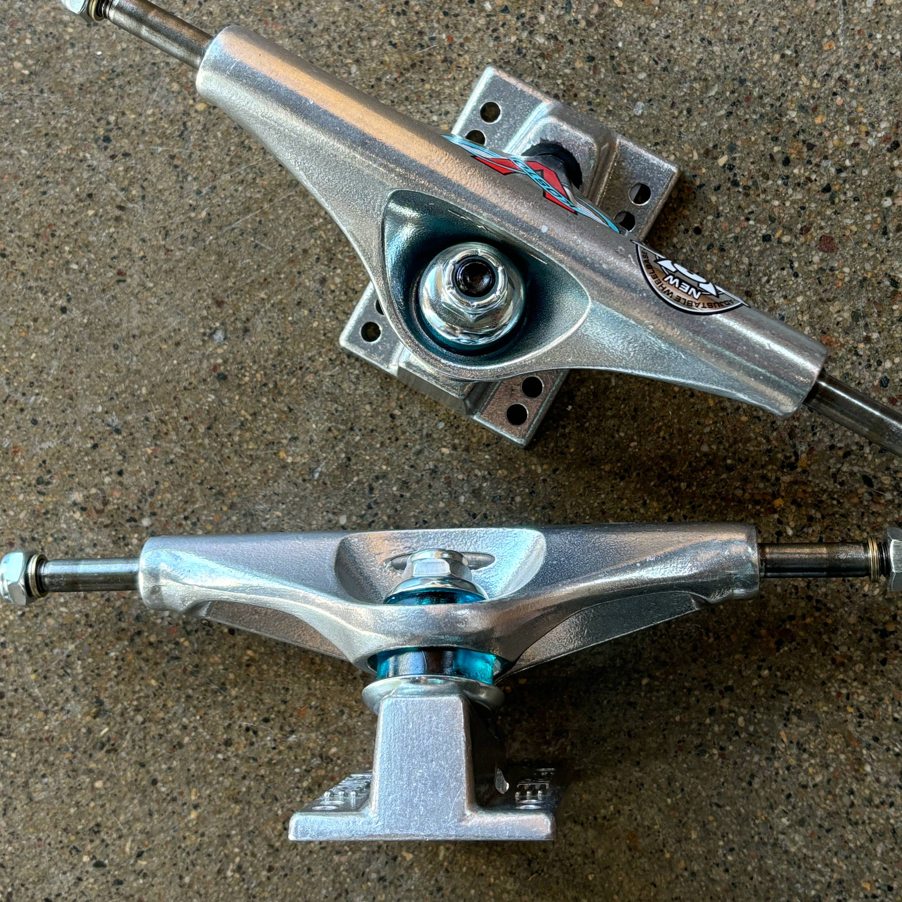 Overview image of both trucks.
Blue bushings and dual base plate holes