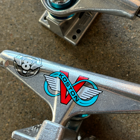 Close detail of Koston V8 art.
Red "V" with wings and blue 8 with Koston text inside