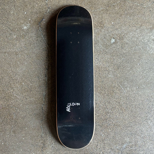 Full image of black deck with raised diamond plate and Alex Olson font on tail.