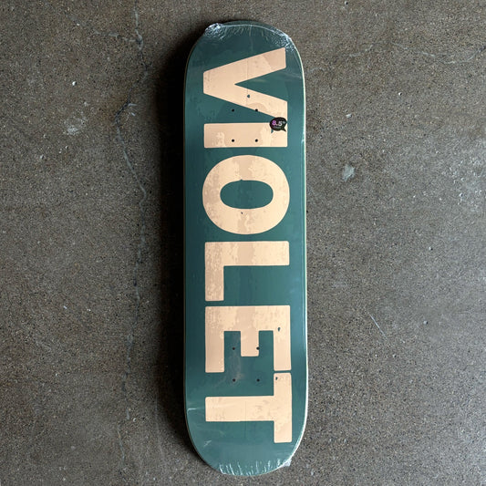 Full image of skateboard deck. Olive green with Violet logo in cream.