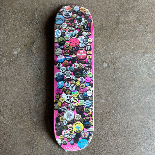 Full image of skateboard deck with various pins scattered for the artwork.