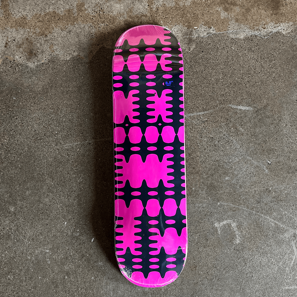 SKATEBOARD DECK WITH BLACK AND PINK PATTERN ARTWORK