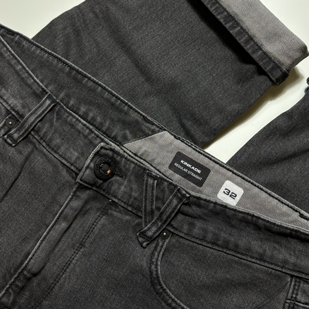 Close detail of grey denim with cuff. 