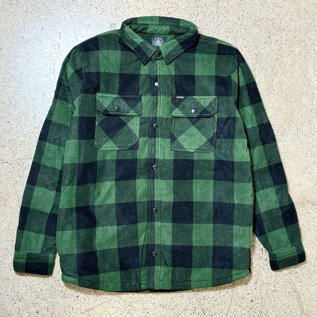 Front image of black/pine green polar fleece flannel with button closure and chest pockets. 