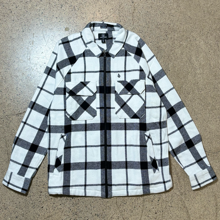 Front image of white/black flannel with zipper closure.