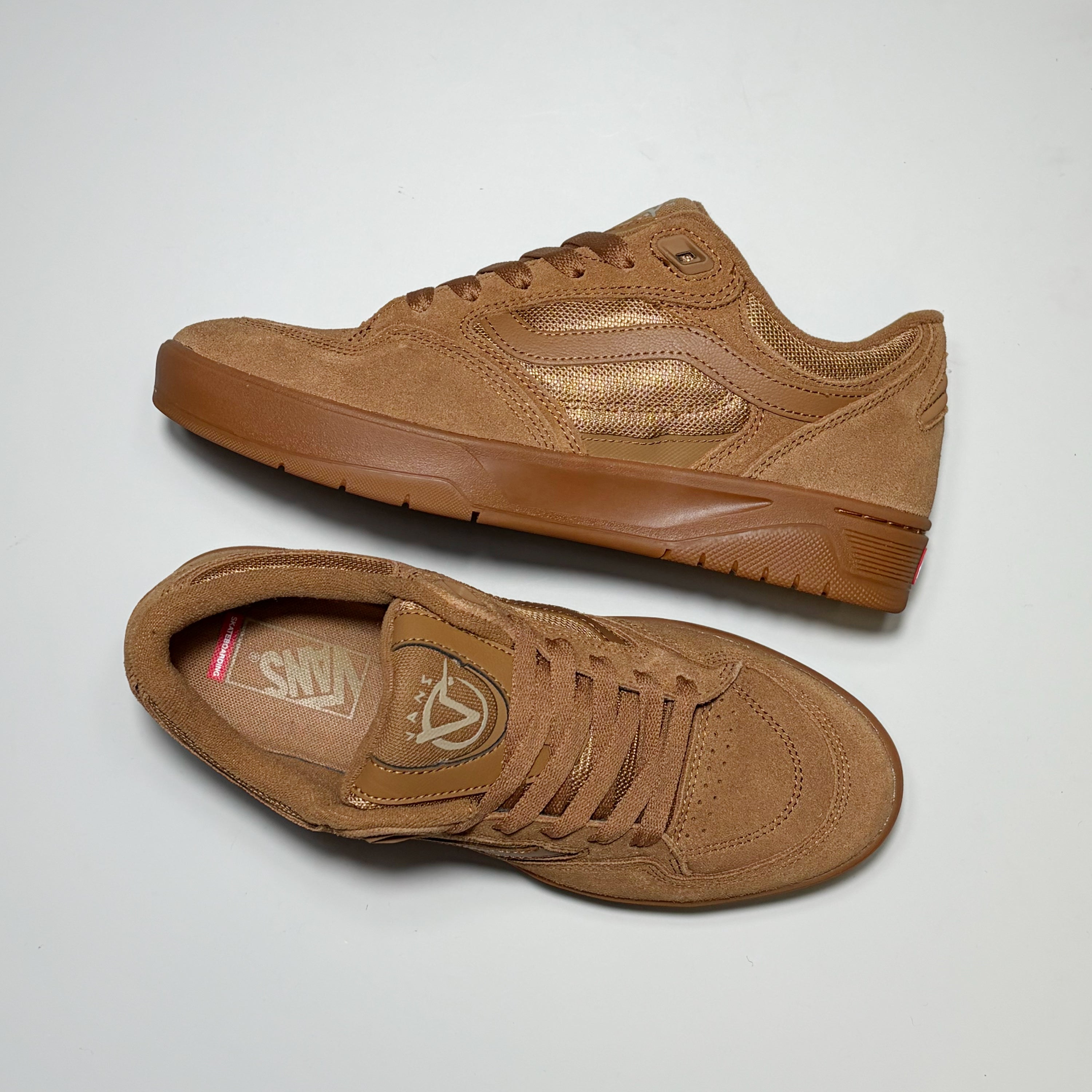 Pair of Vans Skate Rowan Z3 shoes. Brown suede with gum outsole on white background. 
