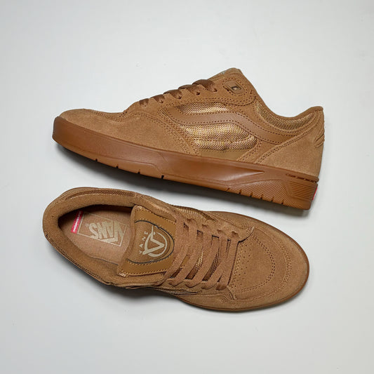 Pair of Vans Skate Rowan Z3 shoes. Brown suede with gum outsole on white background. 