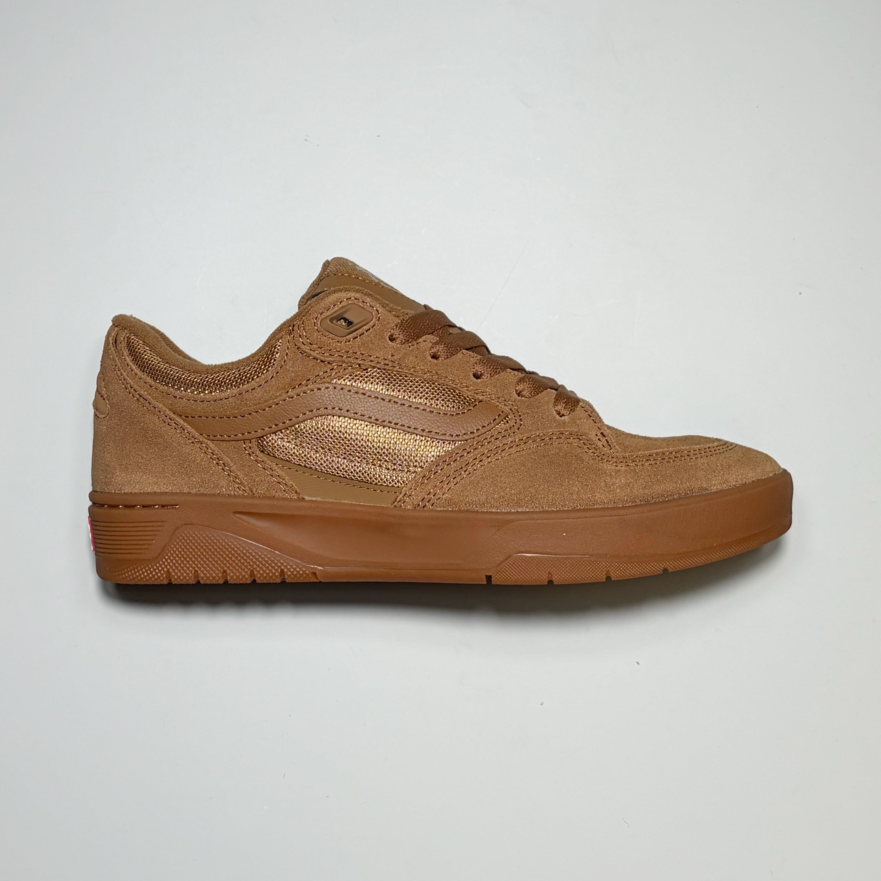 Right side image, Vans Skate Rowan Z3 Shoe. Brown suede with gum outsole.