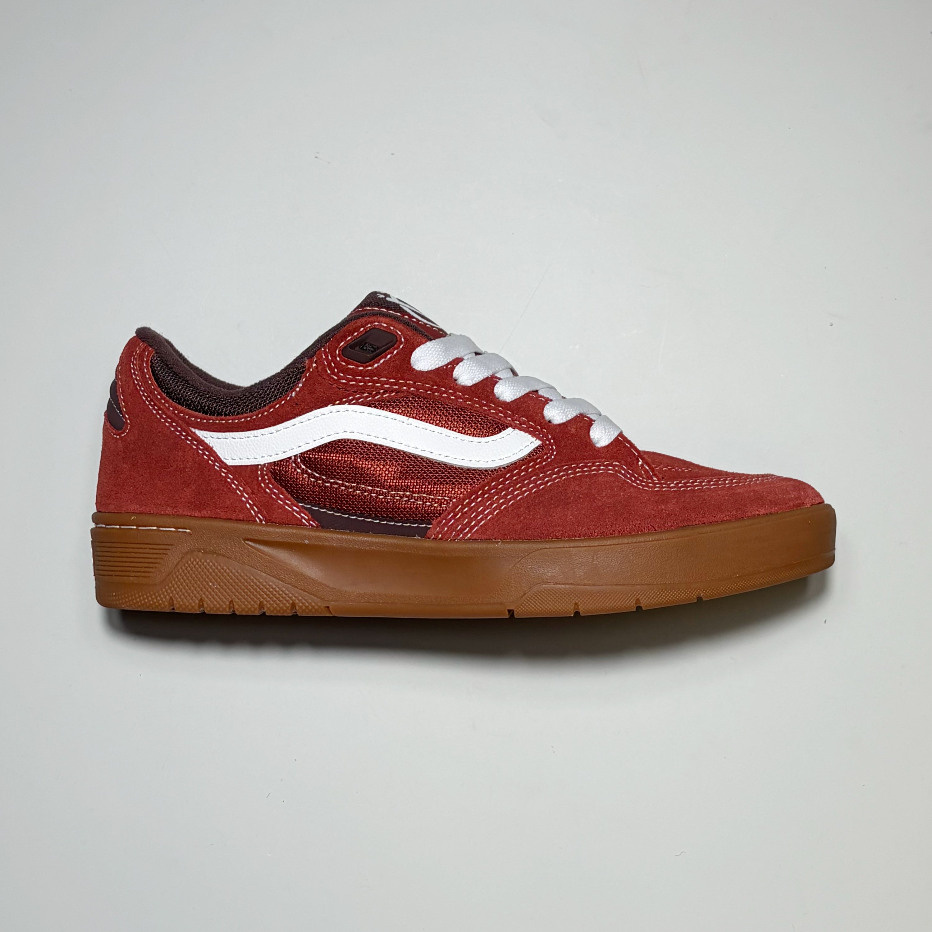 Right side image, Vans Skate Rowan Z3 Shoe. Bordeaux red with gum sole and white contrast stitching.