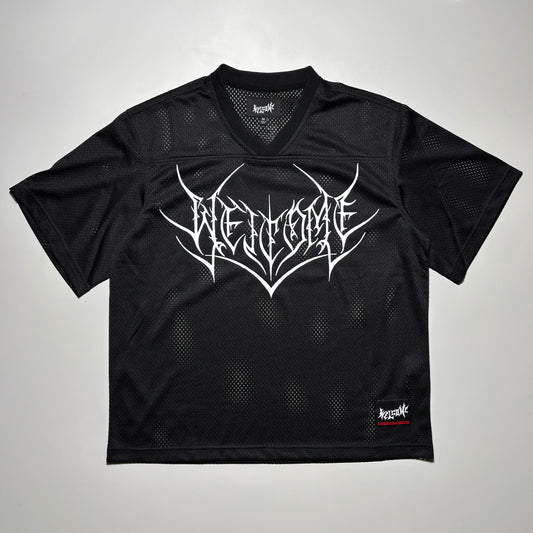 Front image of black jersey with printed art on chest